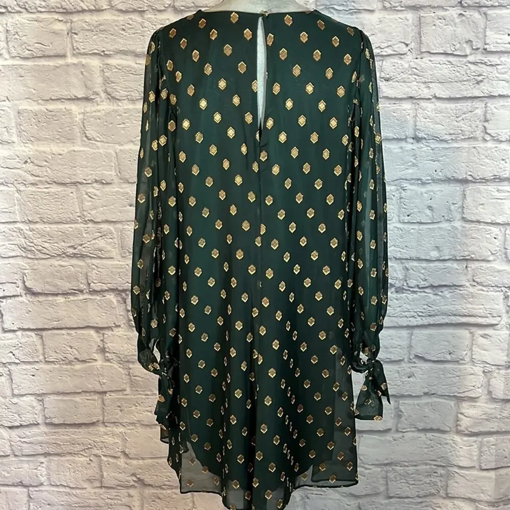 Calvin Klein Green Shift Dress with Bishop Sleeves and gold threaded design